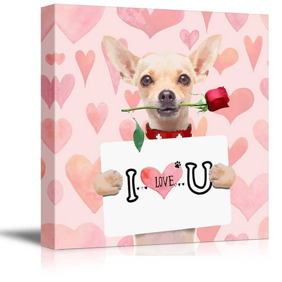 wall26 Square Dog Series Canvas Wall Art - Chihuahua Dog Holding a I Love U Board with a Rose in The Mouth - Giclee Print Gallery Wrap Modern Home Art Ready to Hang - 16x16 inches