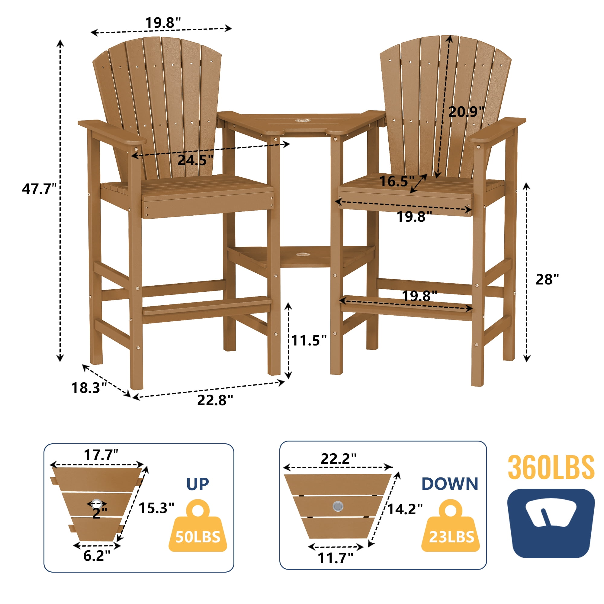 FOOWIN Tall Adirondack Chair Set of 2, HDPE All-Weather Adirondack Bar Stools with Connecting Tray,  Teak