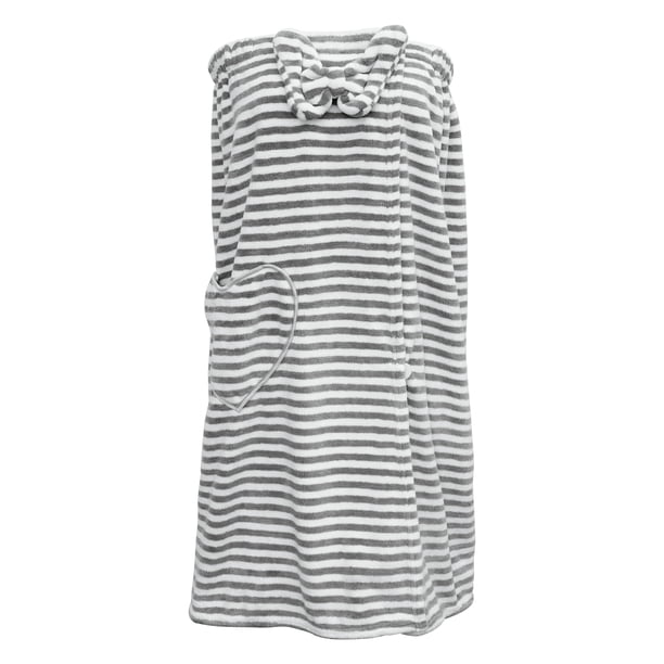 Toalla de baño para mujer Unique Bargains ajustable Con bolsillo Coral Fleece Rayas Grises