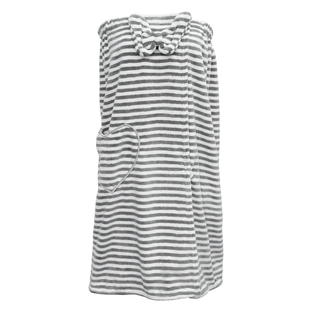 Toalla de baño para mujer Unique Bargains ajustable Con bolsillo Coral Fleece Rayas Grises