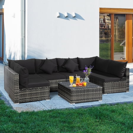 Patiojoy 7 PCS Outdoor Patio Furniture Set All-Weather PE Rattan Sofa Set w/Coffee Table & Cushions Black