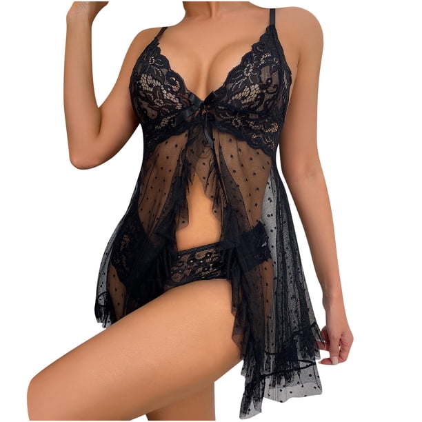 Mujeres Sexy Perspectiva de encaje Babydoll G-String Tanga Medias Ropa interior Ropa de dormir Pijamas de malla Fridja nalpqowj12717