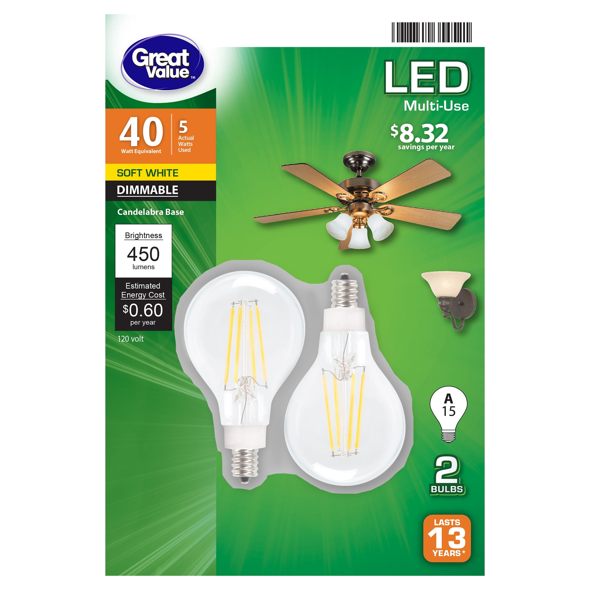 Great Value LED Light Bulb, 5 Watts (40W Eqv.) A15 Ceiling Fan Clear Lamp E12 Base, Dimmable, 2-Pack,Soft White