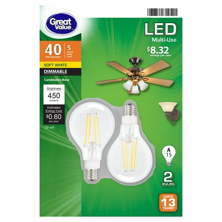 Great Value LED Light Bulb, 5 Watts (40W Eqv.) A15 Ceiling Fan Clear Lamp E12 Base, Dimmable, 2-Pack,Soft White