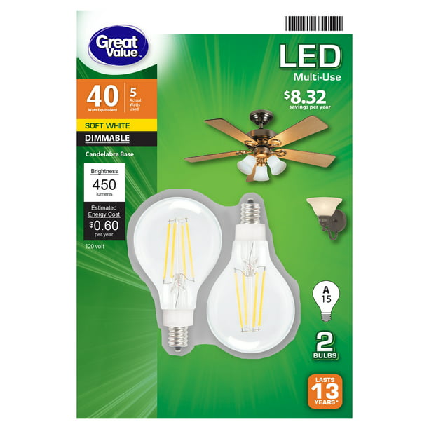 Great Value Led Light Bulb 5 Watts 40w Eqv A15 Ceiling Fan Clear Lamp E12 Base Dimmable Soft White 2 Pack Com - How Many Watt Bulb For Ceiling Fan
