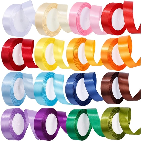 16 Rolls Silk Satin Ribbons, 1 Inch 16 Colors Fabric Ribbon for Gift Wrapping, Bouquet, Wedding, Handmade Bows, DIY Crafts Projects, Birthday Party Decorations, Sewing - 400 Yards
