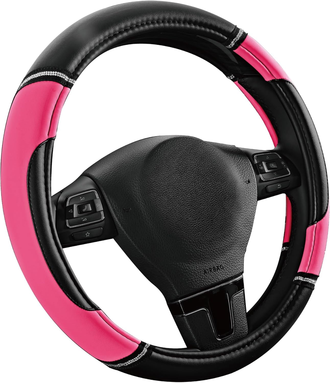 Leather Steering Wheel Cover - Made with PVC Leather - Anti-Slip, Universal Fit 14 1/2 inches to 15 inches - Hot Pink