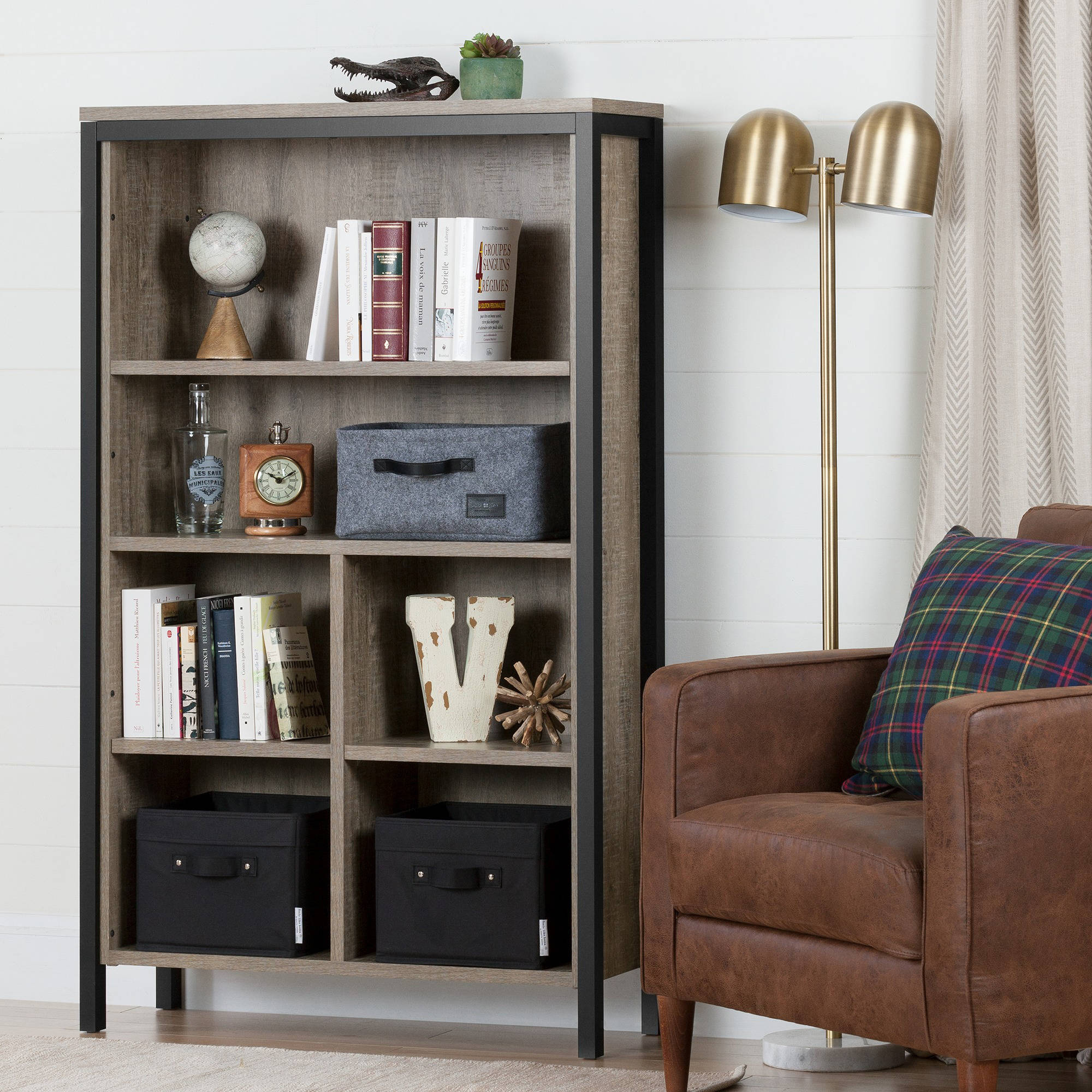 South S Munich 6 Shelf 58 1 2 Bookcase With Cubes Weathered South S Munich 6 Shelf 58 1 2 Bookcase With Cubes Weathered Oak And Matte Black Com