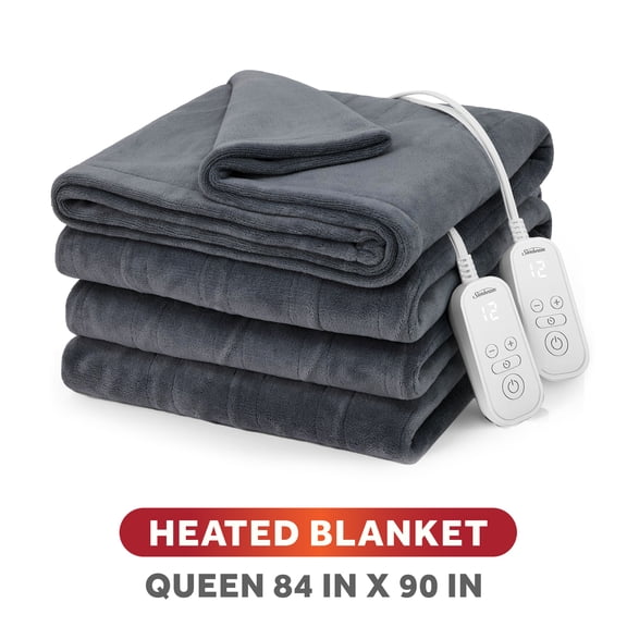 Sunbeam Heated Electric Microplush Bed Blanket, Greystone, Queen Size, 12 Heat Settings, 90 x 84 in