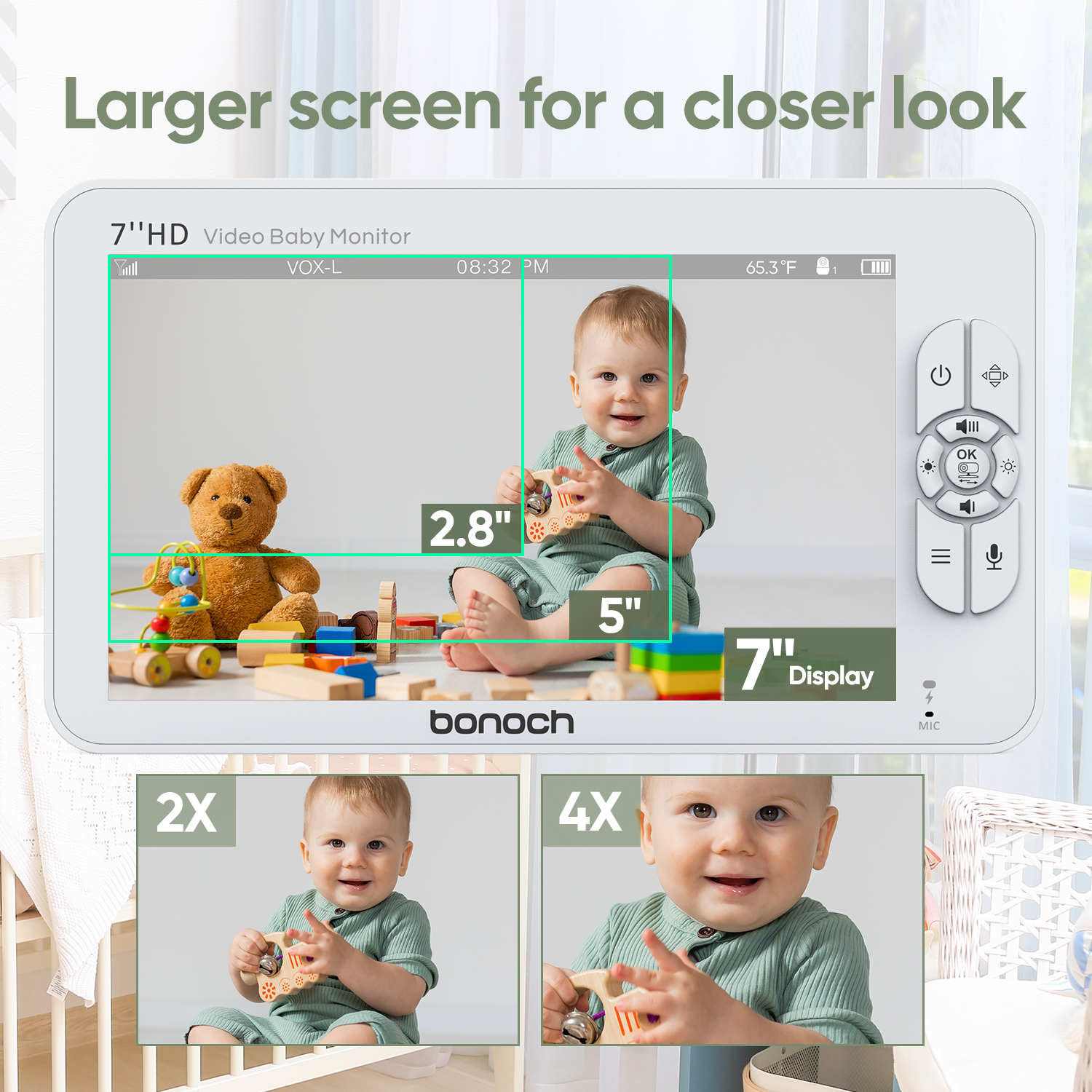 bonoch MegaView Baby Monitor with 2 Cameras 7" 720P HD LCD Split Screen Video Audio No WiFi Auto Night Vision - image 5 of 7