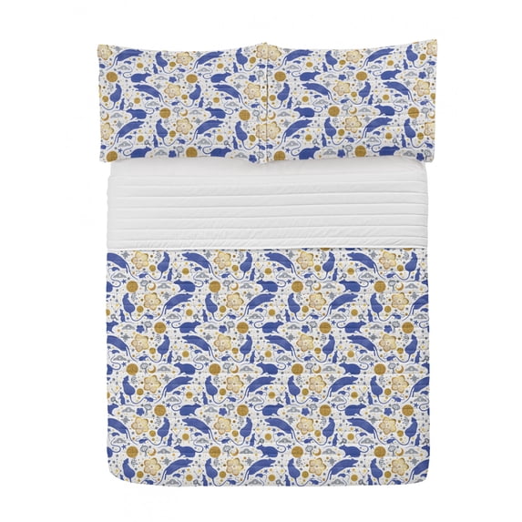 Asian Microfiber Bedspread Set, Chinese New Year Celebration Animal Symbolism Ornamental Repetitive Artwork, Soft Bedding Set with Pillow Shams & Comforter, 3 Sizes, White and Royal Blue, by Ambesonne
