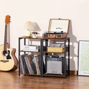 LELELINKY 3-Tier Record Player Stand with Storage Holds 100 Albums, Turntable End Table for Living Room & Bedroom, Brown