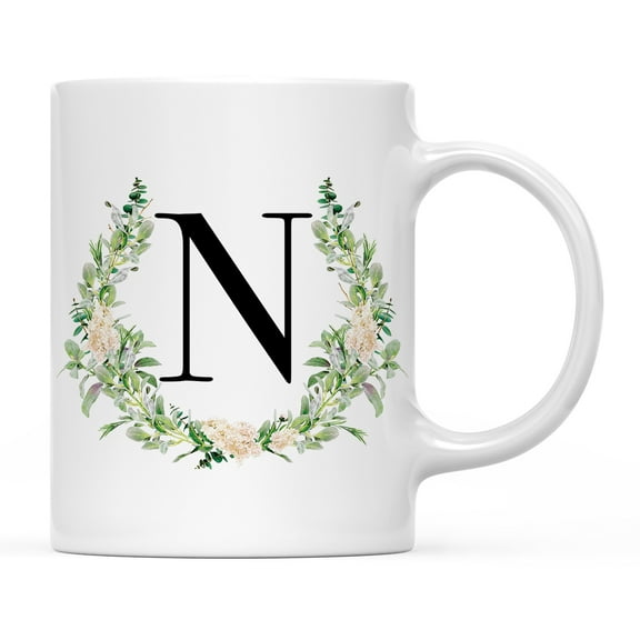 Koyal Wholesale Ceramic Coffee Mug, Garden Green Monogram Initial Letter N