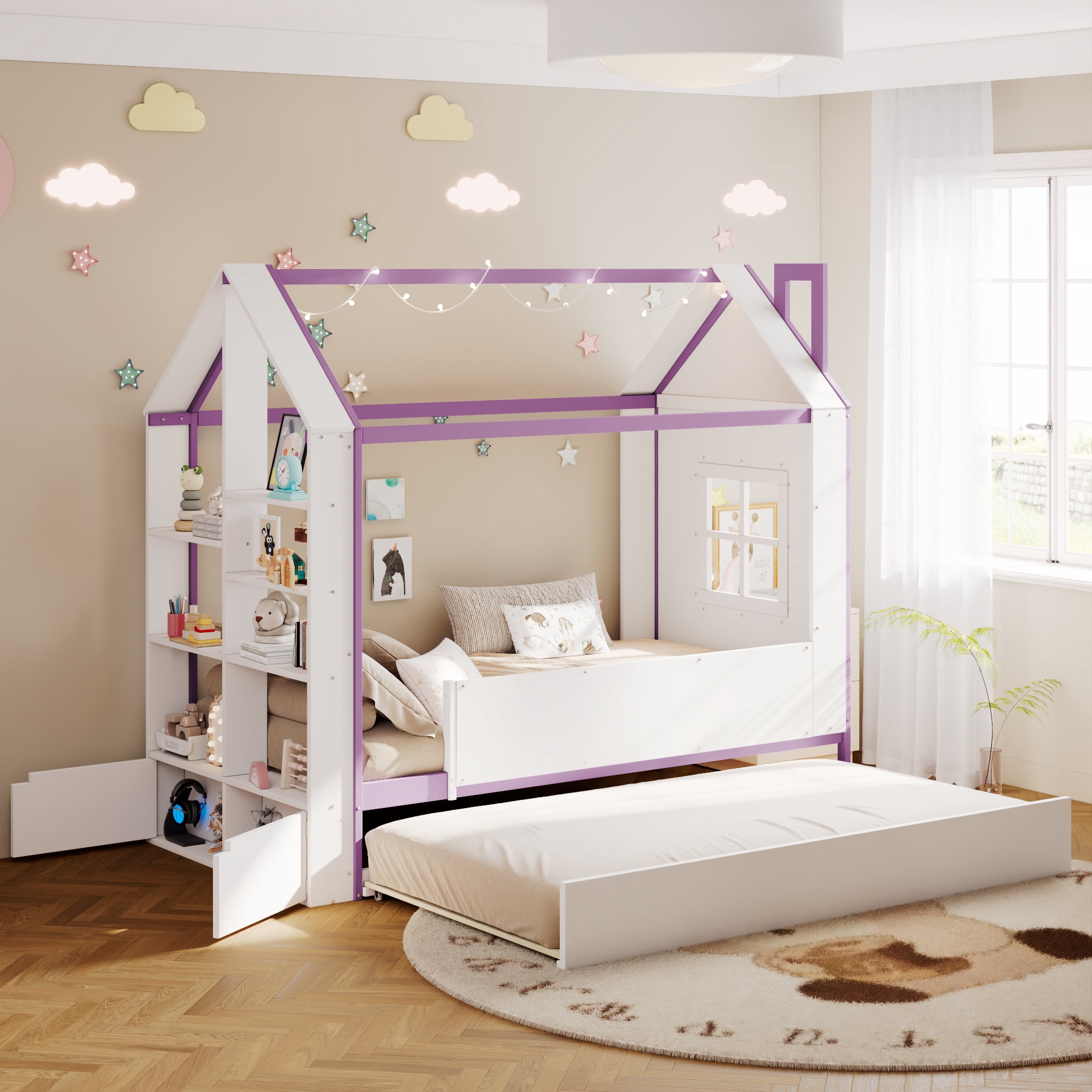 Twin Size House Bed Frame with Pull-Out Trundle, Tail End Storage Shelves and Cool White LED Lights, White+Purple