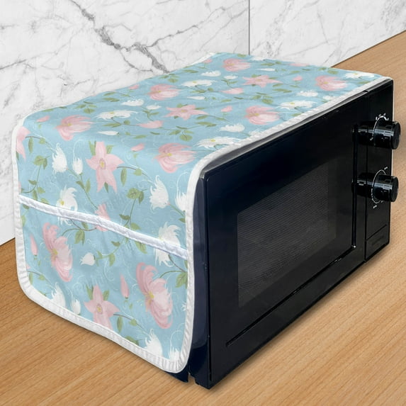 Botanical Microwave Oven Cover, Floral Theme Pink and White Flowers Along Green Leaves on Pale Blue Background, Water Resistant Organizer with Pockets for Kitchen, 36" x 12", Multicolor, by Ambesonne