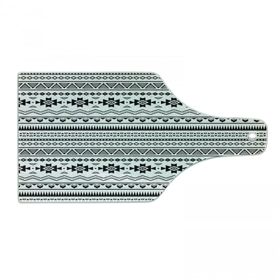 Tribal Cutting Board, Aztec American Folkloric Art Borders Tribal South America Culture, Decorative Tempered Glass Cutting and Serving Board, Wine Bottle Shape, Black White, by Ambesonne