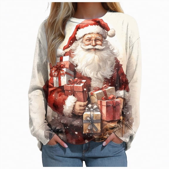 Futezty Womens Christmas Sweatshirt Funny Santa Snowman 3D Print Plus Size Graphic Sweatshirts Crewneck Xmas Holiday Tops