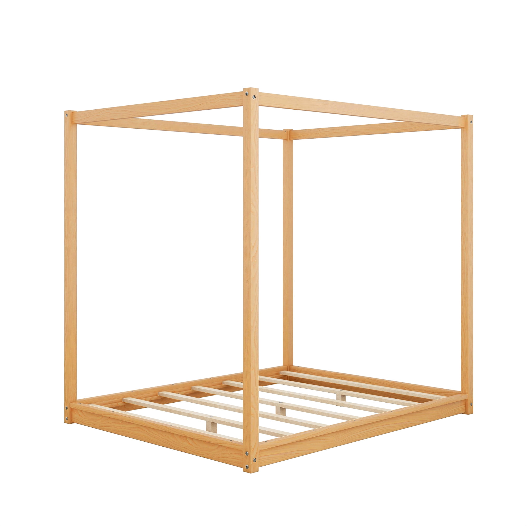 Wood Queen Size Canopy Platform Bed with Support Frame for Bedroom, Natural
