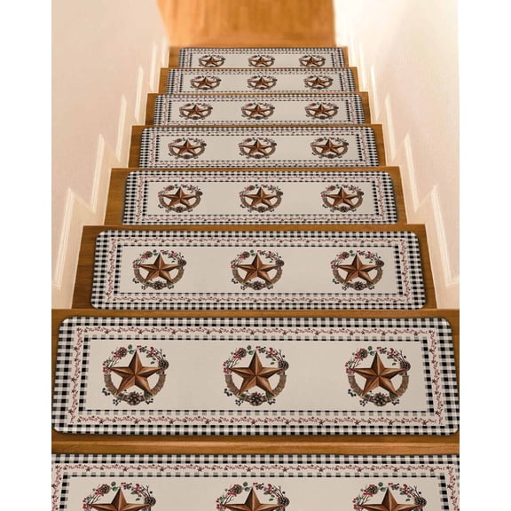 Vintage Country Non-Slip Stair Treads for Wooden Steps, 10 Pack 8x30 Inches Carpet Stair Mats with Adhesive Backing, Noise-Reducing Step Covers for Indoor Stairs, Easy to Install & Residue-Free