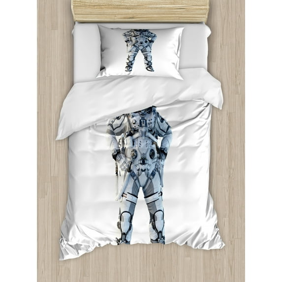 Astronaut Duvet Cover Set Twin Size, Real Image of Spaceman in a Suit Standing on a Plain Background, Decorative 2 Piece Bedding Set with 1 Pillow Sham, White Purpleblue Dark Grey, by Ambesonne