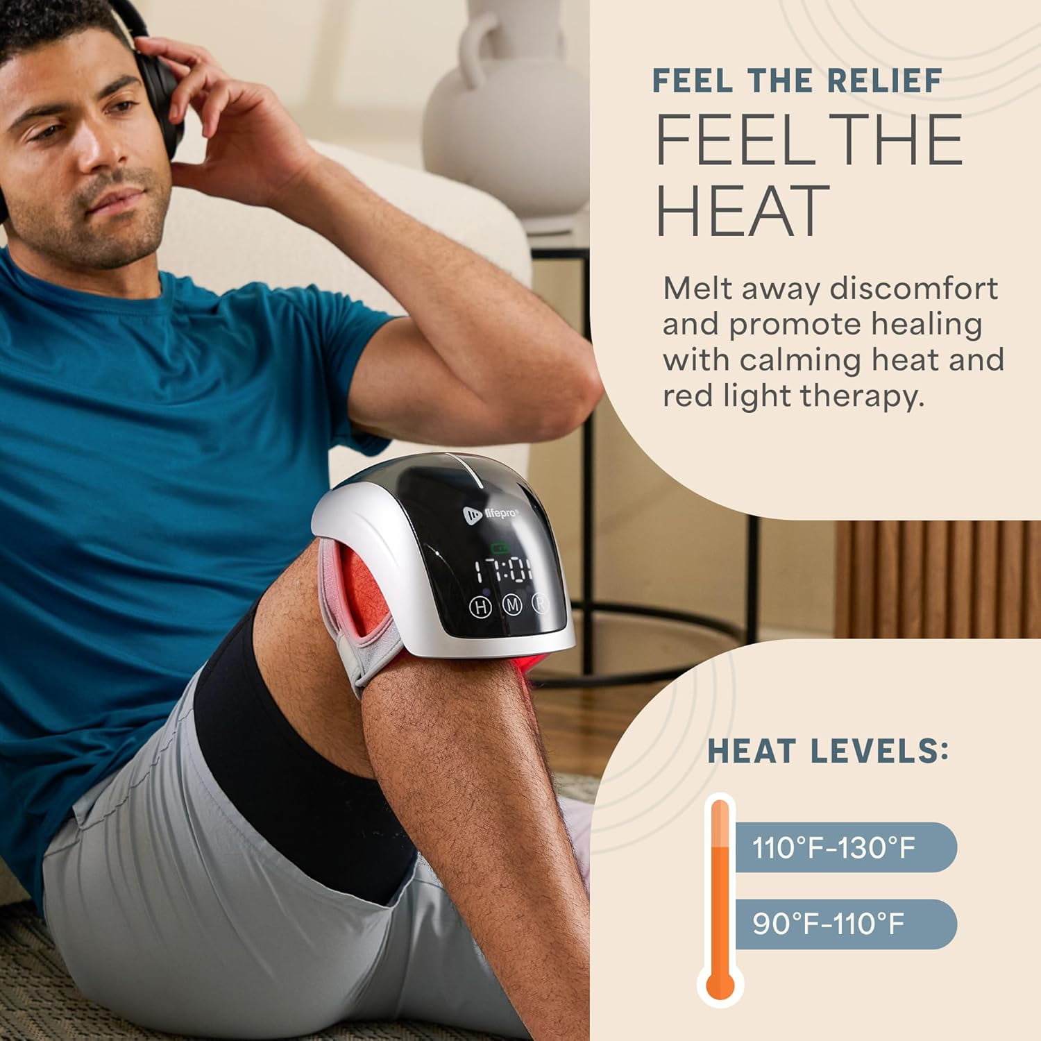LifePro Red Light Therapy Knee Brace – Portable Near Infrared LED Wrap with Heat, Vibration & Rechargeable Battery - Silver