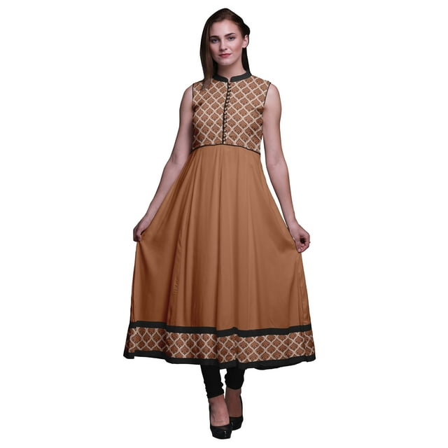 Bimba Robe Anarkali à Col Mandarin Imprimée Damassé Rose Brun pour Femmes, Kurta Ethnique Indienne X-Small