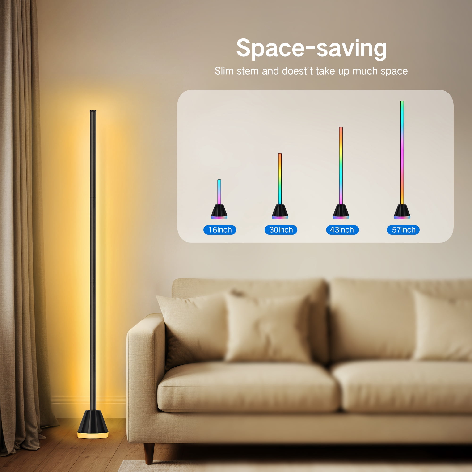 OUTON  2 Pack Smart RGB LED Corner Floor Lamp, Modern Standing Lamps with APP & Remote Control, 16 Million Colors 2000LM Bright Ambient Lighting, Music Sync for Living Room Bedroom