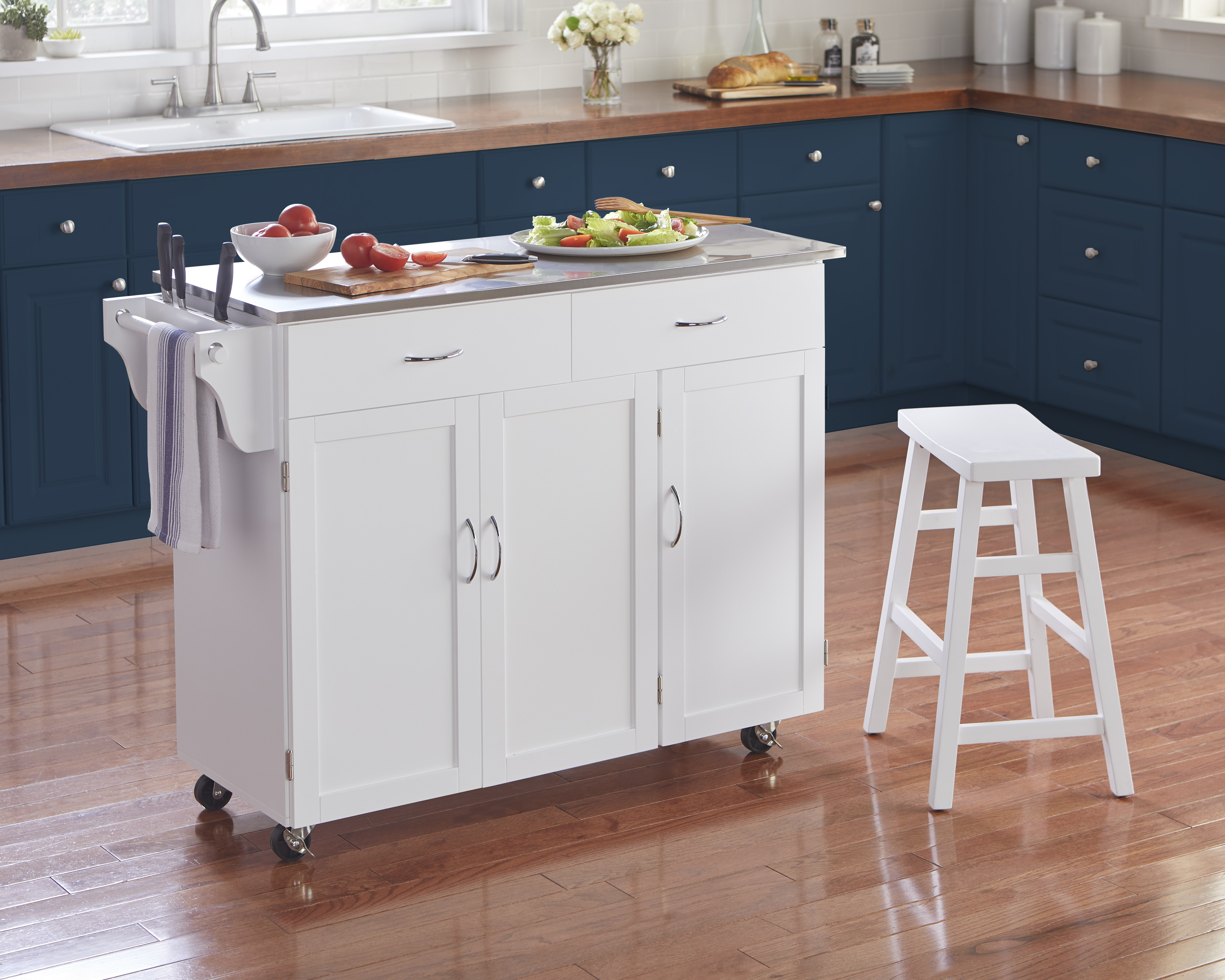 TMS Extra Large Rolling Kitchen Cart with Stainless Steel Top, Cabinets, Drawers, Adjustable Shelf, and Knife Block, White