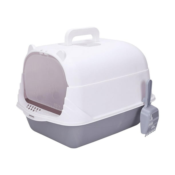 Caja de arena para gatos con tapa y cuchara para gatos de interior, con solapa para puerta delantera, arenero, accesorios reutilizables para mascotas, Gris y blanco