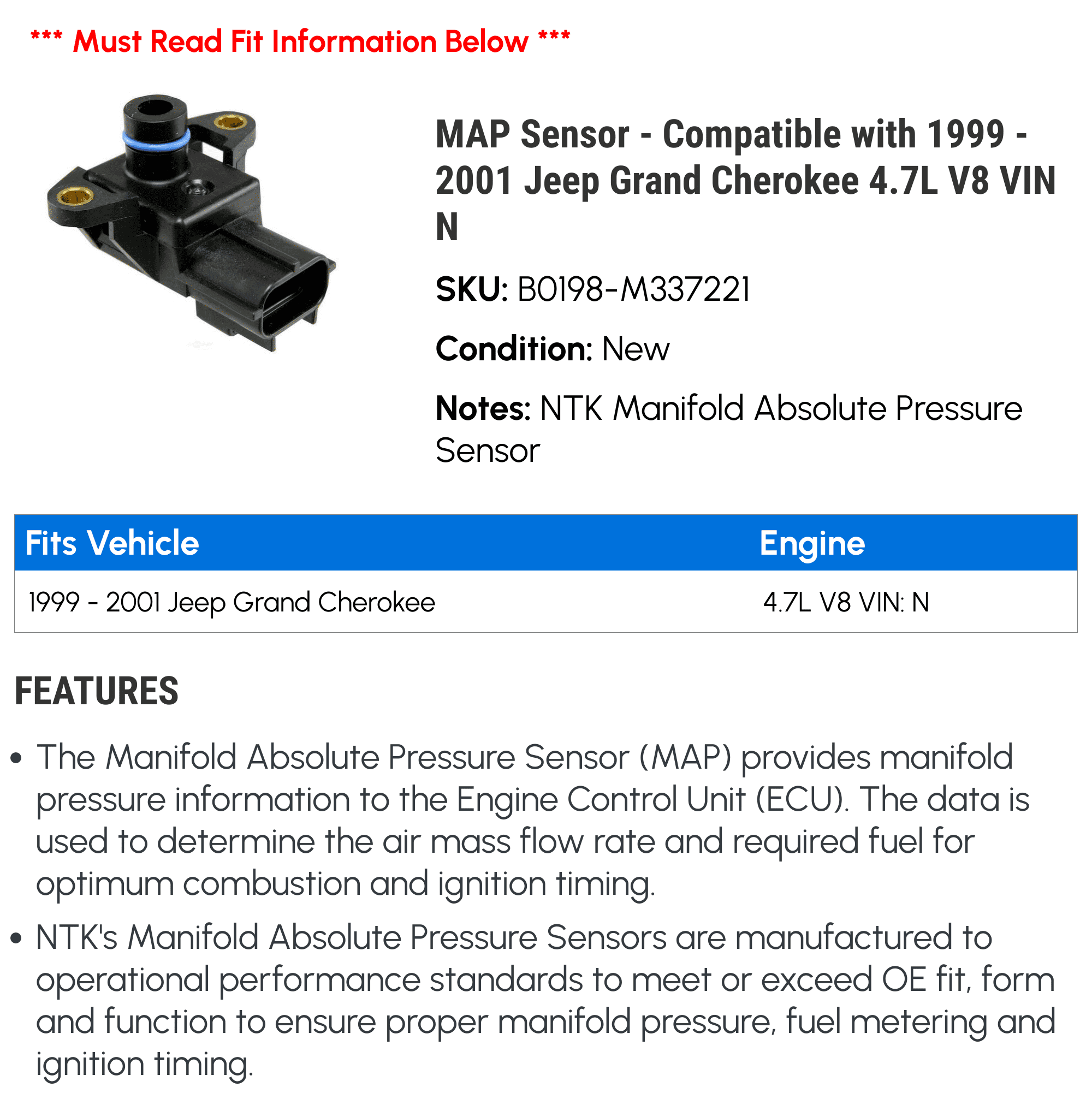 MAP Sensor - Compatible with 1999 - 2001 Jeep Grand Cherokee 4.7L V8 VIN N 2000