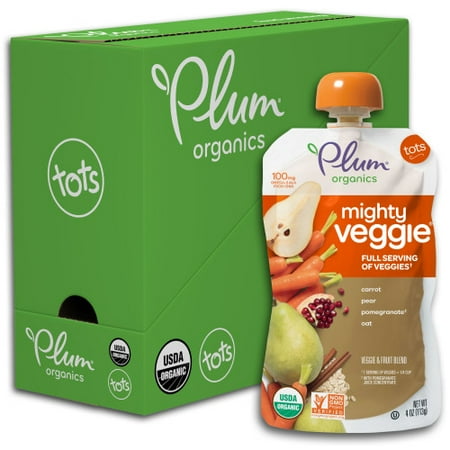 Plum Organics Mighty Veggie, Organic Toddler Food, Carrot, Pear, Pomegranate & Oats, 4oz Pouch (Pack of 6)