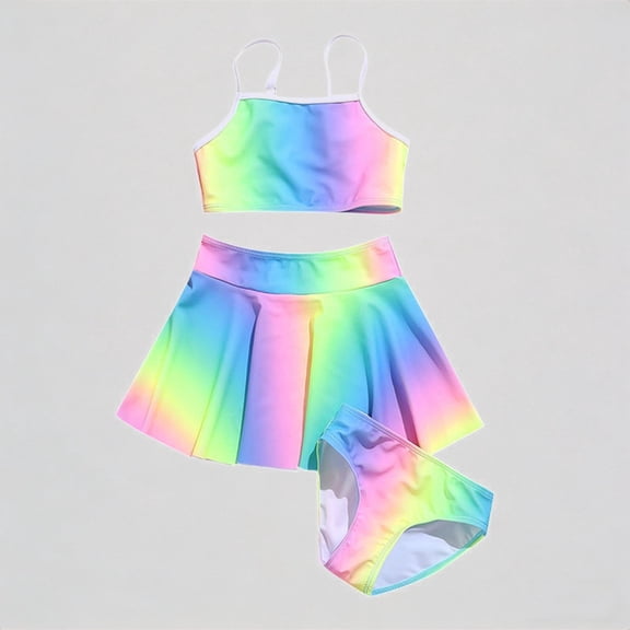 REDARER Girls 3-Piece Swimwear Set: Rainbow Tie-Dye Design, Ruffled Skirt, Adjustable Straps – Summer Beach Bathing Suit Bikini,140
