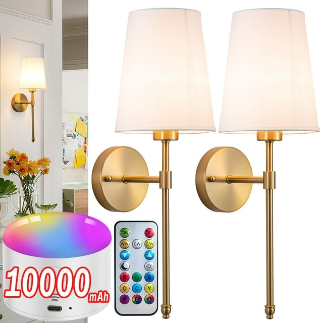 Aplique de pared YHCDLAMP recargable 10000 mAh RGB con control remoto, paquete de 2