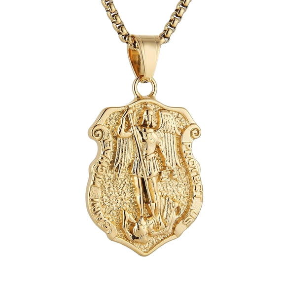 HZMAN Gold Saint Michael Necklace, Stainless Steel St Michael the Archangel Pendant Amulet for Men Women Gift