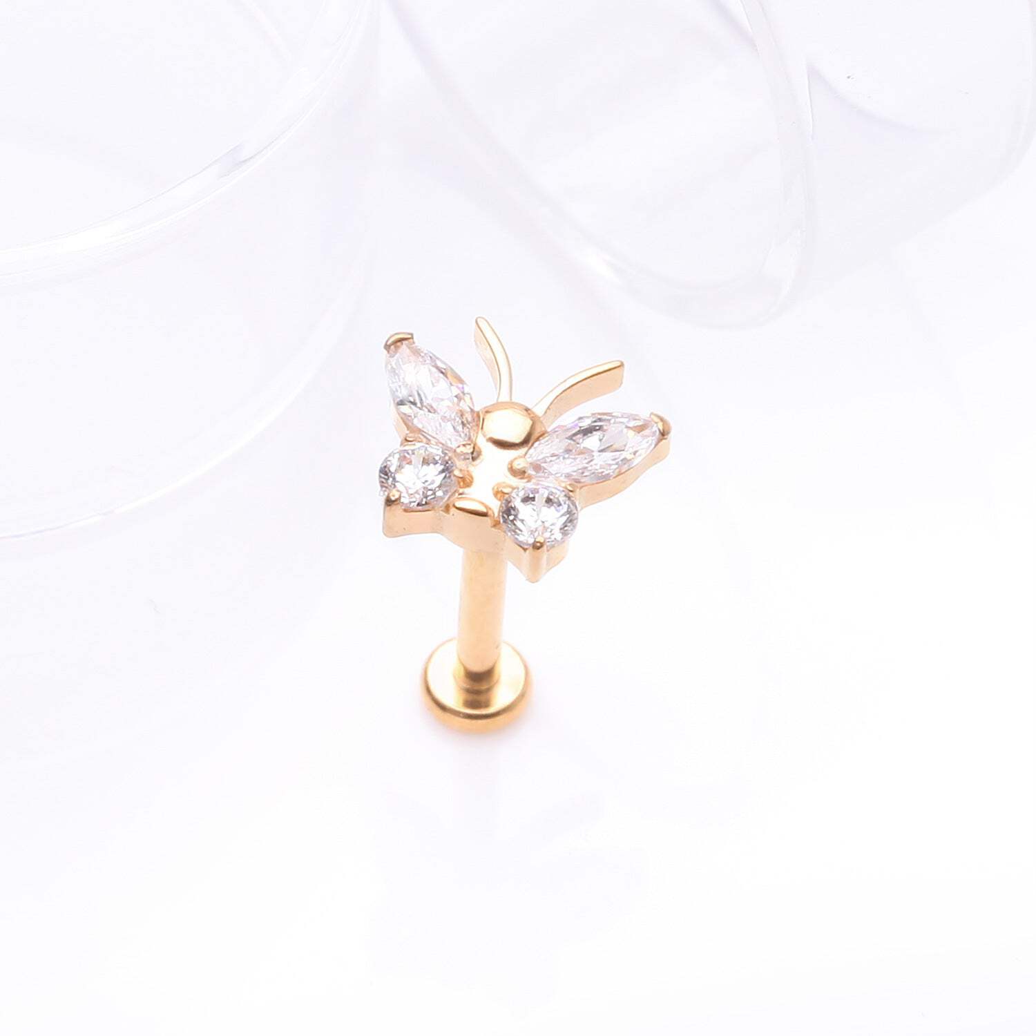 Implant Grade Titanium Golden Butterfly Sparkle Internally Threaded Flat Back Stud Labret