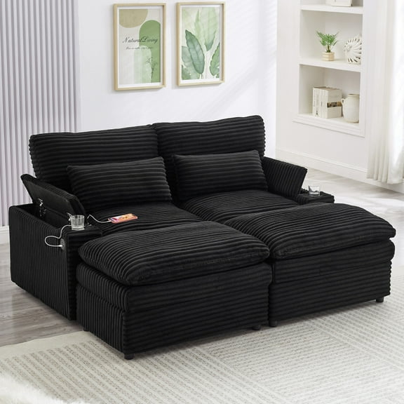 70.9" Grey Corduroy Modular Loveseat Sofa (4-Seat – Convertible Sofa Bed, 2 Ottomans, 4 USB Ports 2 Cup Holders Storage)