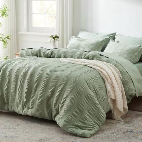 Full Comforter Set 7 Pieces, Sage Green Seersucker Bed in a Bag with Comforter and Sheets, All Season Bedding Sets with 1 Comforter, 2 Pillow Shams, 2 Pillowcases, 1 Flat Sheet, 1 Fitted Sheet