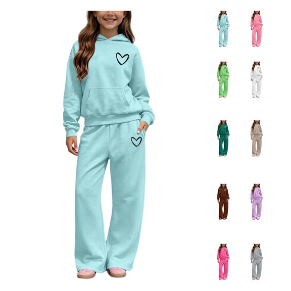 LWFFDAW 2 Piece Sets Sweatsuit for Girls 5-14 Years Fall Winter Long Sleeve Fleece Hoodie and Wide Leg Sweatpants Set with Pockets