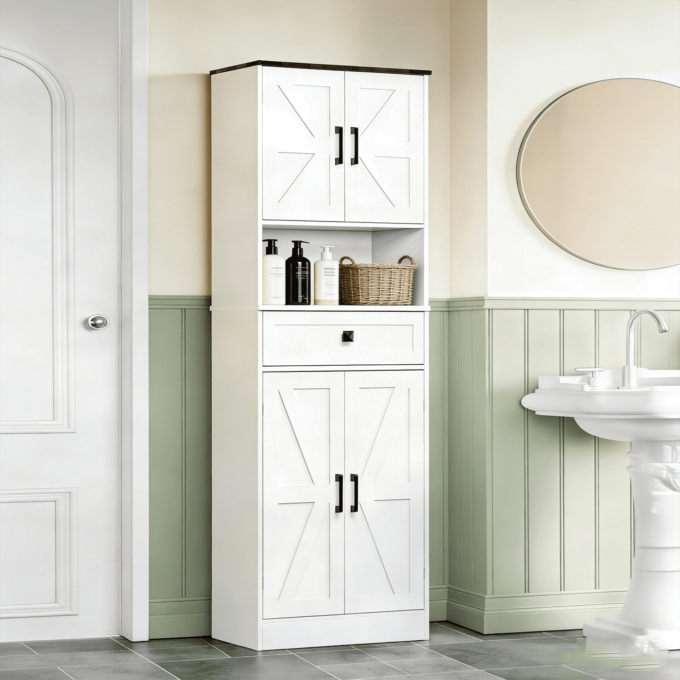 Winkalon 67" Kitchen Pantry Storage Cabinet with 4 Barn Doors & 2 Adjustable Shelves & 1 Drawer for Dining Room, Living Room,White