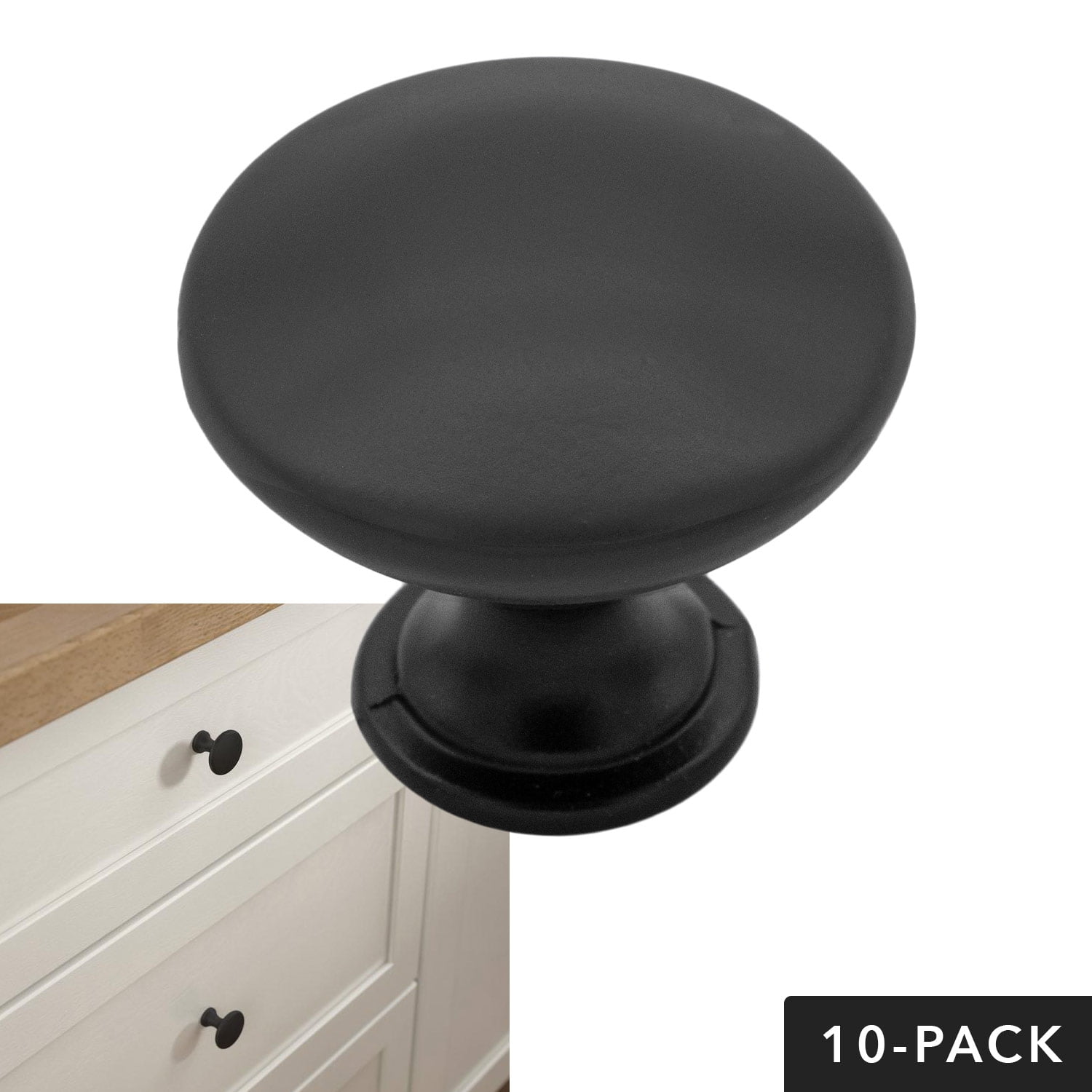 Matte Flat Black Cabinet Hardware Mushroom Round Knob Cupboard Door Handle, 1.25' Diameter, 10 Pack