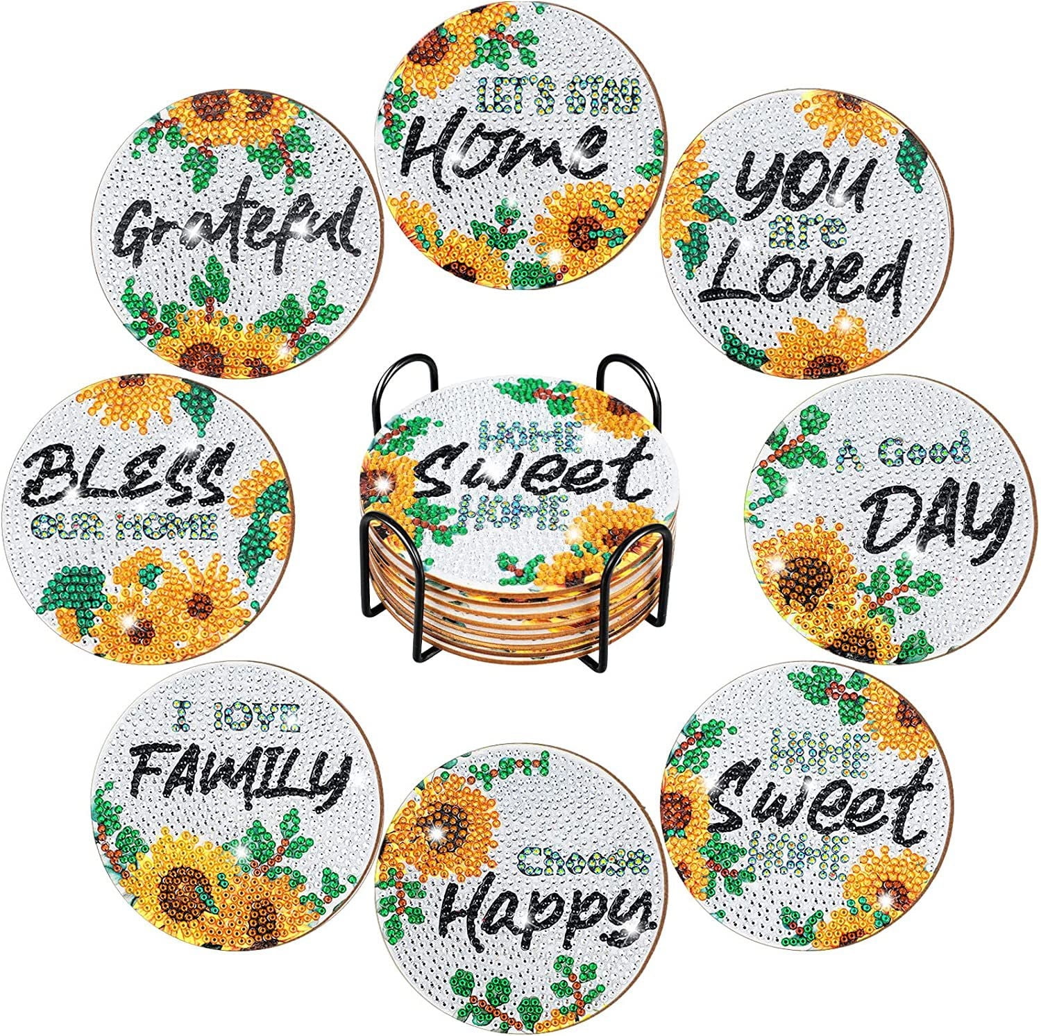 Junepar 3.9" 8Pcs Sunflower Diamond Painting Coasters Kit DIY 5D Diamond Art Cup Mat Set with Cork Backs & Tools for Adults & Kids