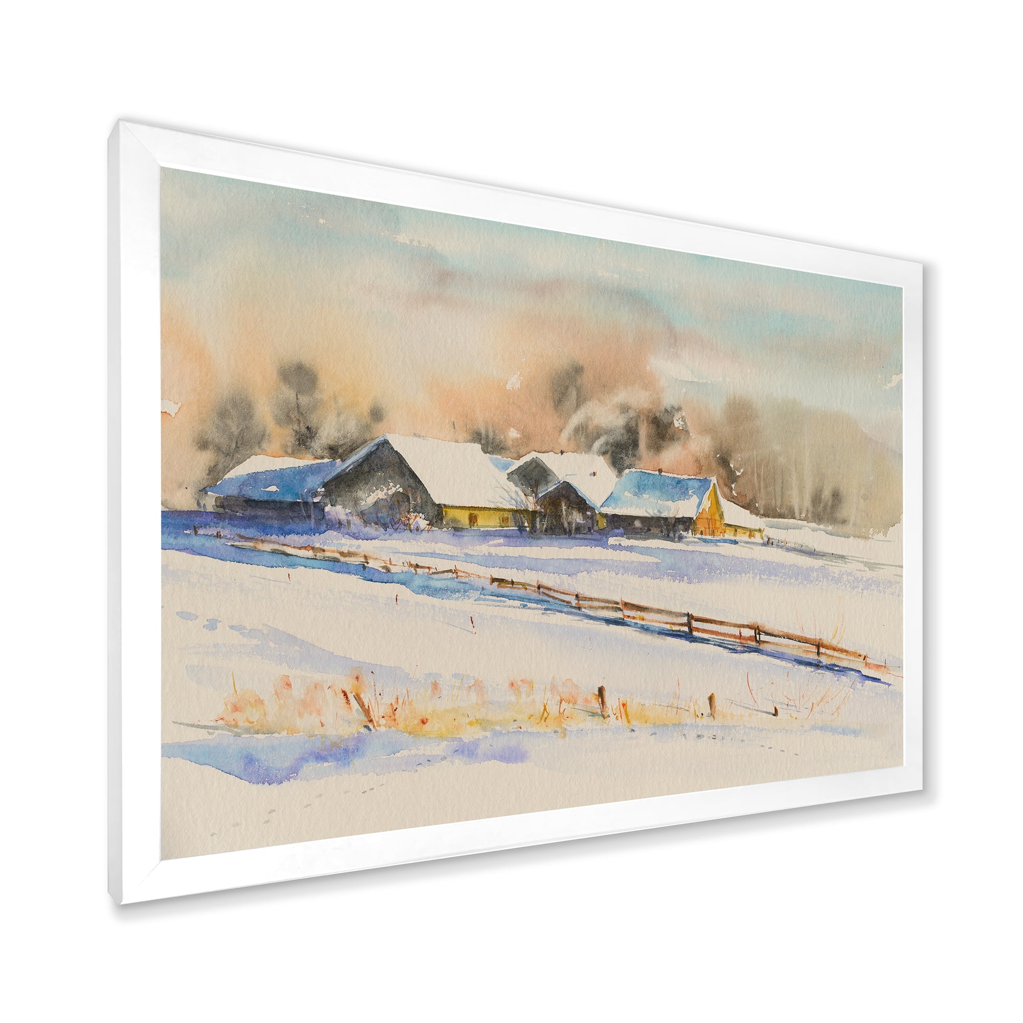 Designart 'Small VIllage At Evening Covered With Snow' Traditional Framed Art Print