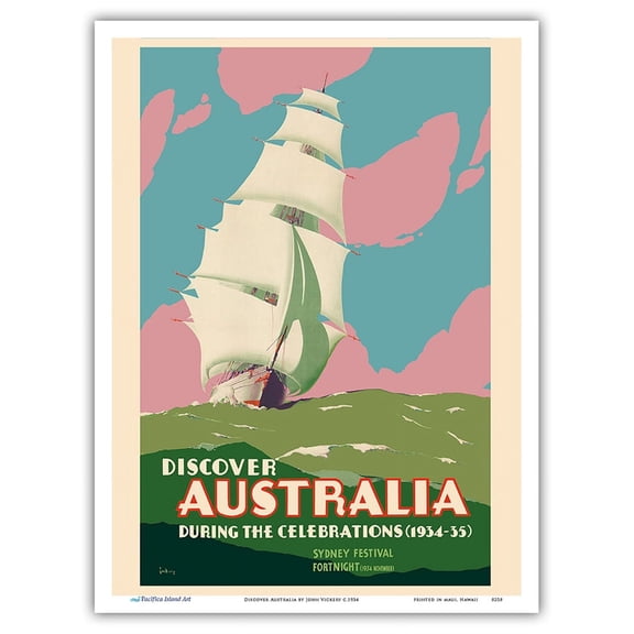 Discover Australia - Sydney Festival Fortnight Celebration - Sailing Ship - Vintage Travel Poster by John Vickery c.1934 - Master Art Print (Unframed) 9in x 12in