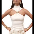 thumbnail image 1 of Tops Sin Mangas con Cuello Halter, Plisados y Torcidos para Mujer, Modernos, Ajustados, Sin Mangas, con Aberturas, para Discoteca Crema M, 1 of 10