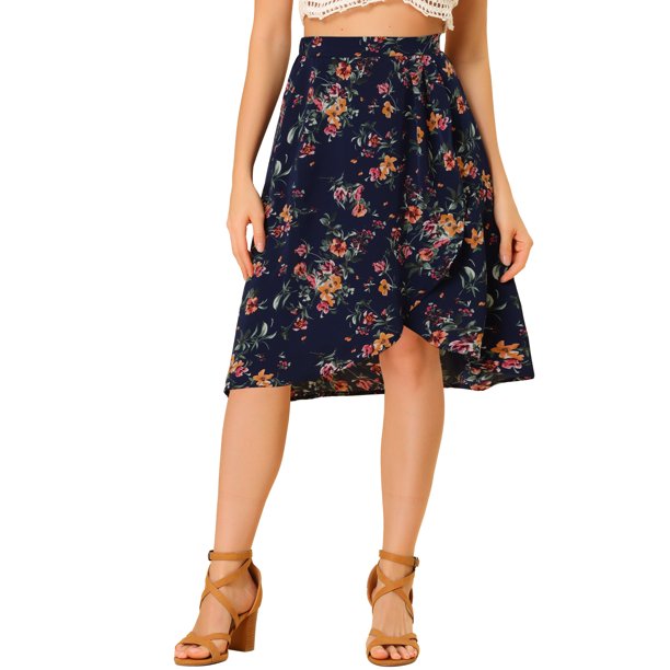 Allegra K Falda Midi Acampanada Con Dobladillo Asimétrico De Cintura Alta Con Estampado Floral Para Mujer Azul oscuro XL