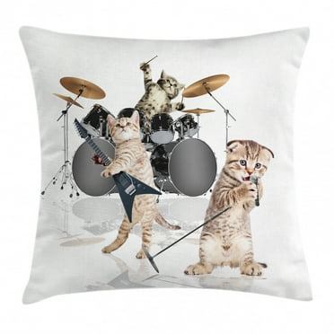 Animal Decor Throw Pillow Cushion Cover, Cool Fancy Hard Cute Rocker Band of Kittens with Singer Guitarist Cats Print, Decorative Square Accent Pillow Case, 16 X 16 Inches, Multicolor, by Ambesonne