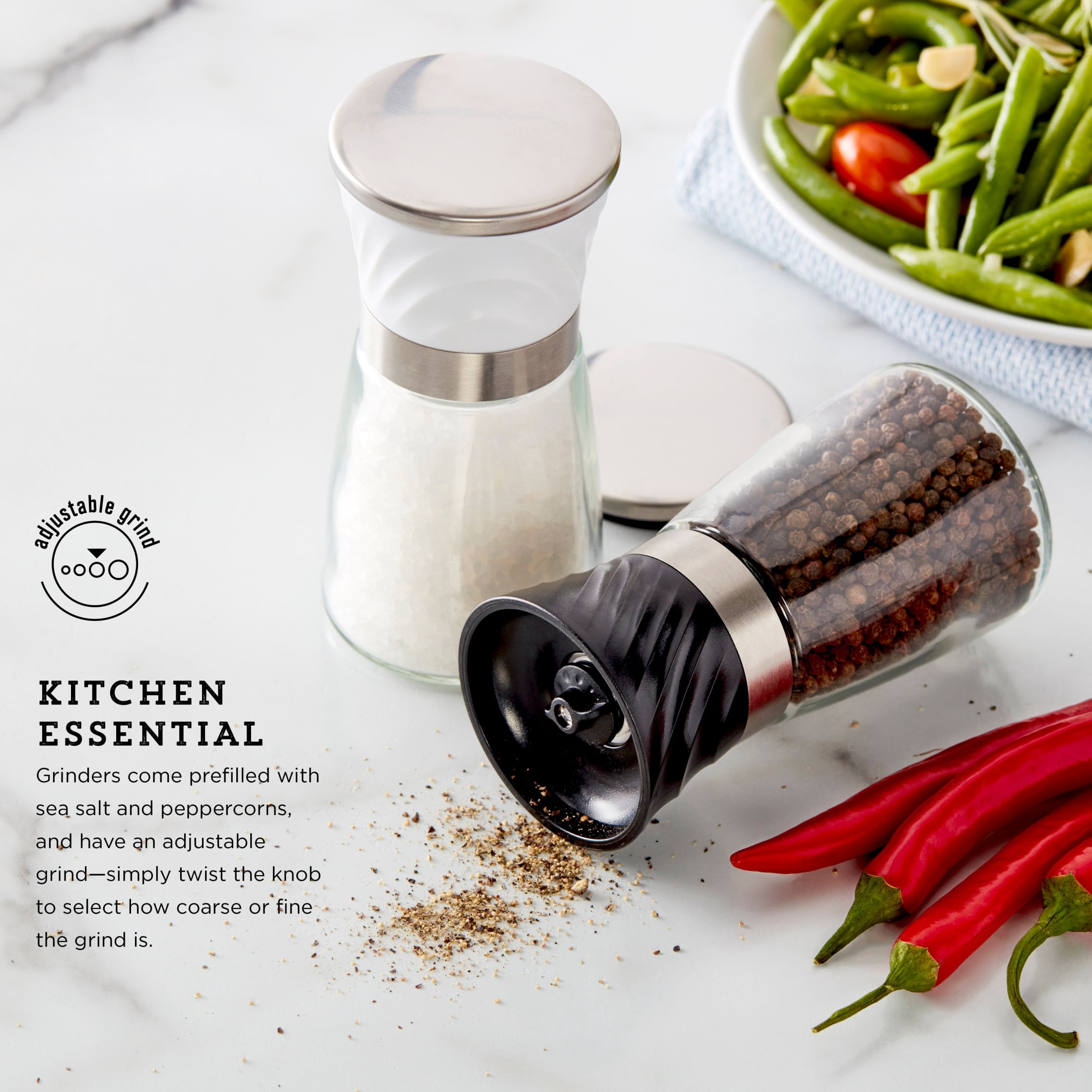 Kamenstein Set of 2 Prefilled Glass Salt and Pepper Grinders