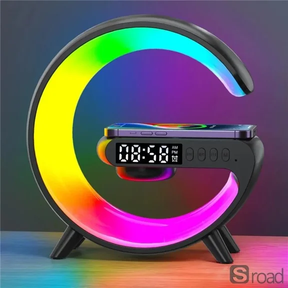 3-in-1 Multifunction Bluetooth Speaker With Wireless Charger, Digital Alarm Clock, RGB Night Light & FM Radio | Touch Control Bedside Companion For Home Office,Black,N
