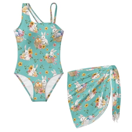 Xoenoiee Green Rabbit Bunny Egg Flower Pattern Teen Girls One Piece Swimsuit Easter Bathing Suit with Cover Up Skirt for Kids Adjustable Strap Summer Beach Swimwear Pool Activities Size 13-14 Years