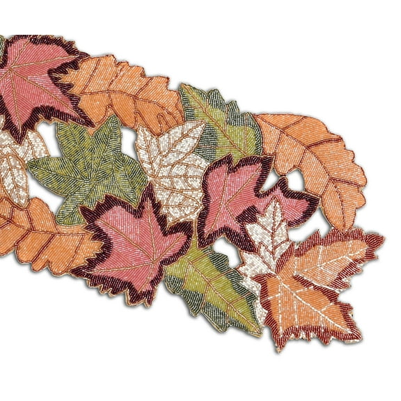 Fall Leaves Table Runner, Handmade Table Runner, Beaded Multicolor Table Runner 13X36 Inch